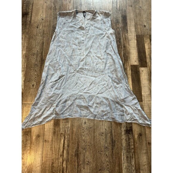 Inizio Linen Mini Dress Blue Pockets Sleeveless Lagenlook V Neck XL - Picture 1 of 7